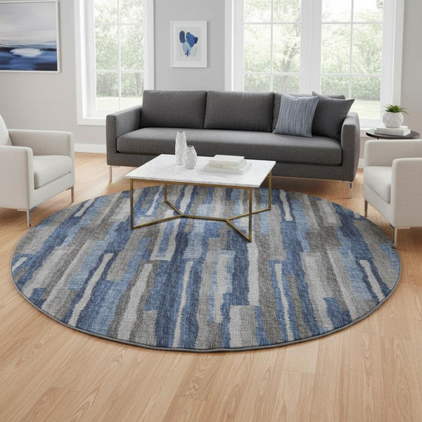 HomeRoots 8' Blue Ivory and Gray Abstract Round Rug - Washable, UV Protected, Stylish for Busy Homes & Patios 644117