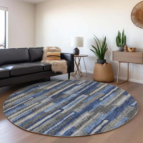 HomeRoots 8' Blue Ivory and Gray Abstract Round Rug - Washable, UV Protected, Stylish for Busy Homes & Patios 644117