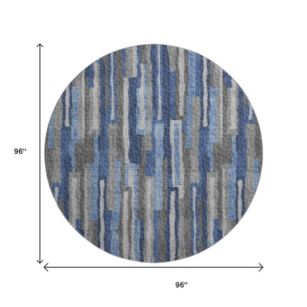 HomeRoots 8' Blue Ivory and Gray Abstract Round Rug - Washable, UV Protected, Stylish for Busy Homes & Patios 644117