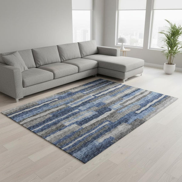 HomeRoots 8' X 10' Abstract Blue Ivory Gray Washable Area Rug - Durable, UV-Protected, Modern Style for Homes 644118