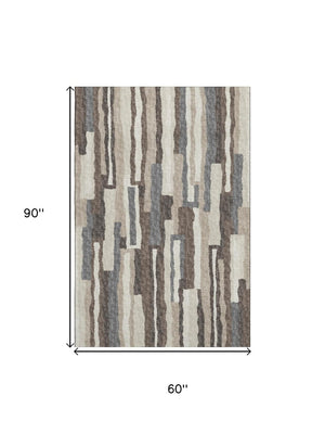 HomeRoots 5' X 8' Abstract Brown Ivory Gray Area Rug - Washable, UV-Protected, Stain-Resistant for Family Spaces 644128