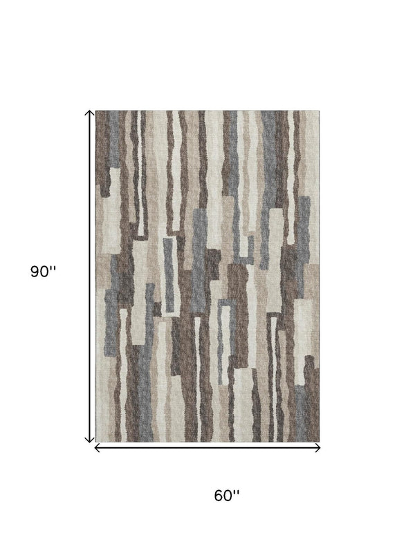 HomeRoots 5' X 8' Abstract Brown Ivory Gray Area Rug - Washable, UV-Protected, Stain-Resistant for Family Spaces 644128