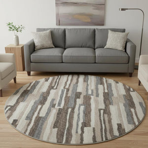 HomeRoots 8' Elegant Brown, Ivory & Gray Abstract Washable Round Rug - Stain Resistant with UV Protection 644129