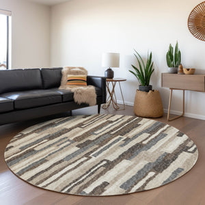 HomeRoots 8' Elegant Brown, Ivory & Gray Abstract Washable Round Rug - Stain Resistant with UV Protection 644129