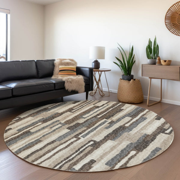 HomeRoots 8' Elegant Brown, Ivory & Gray Abstract Washable Round Rug - Stain Resistant with UV Protection 644129
