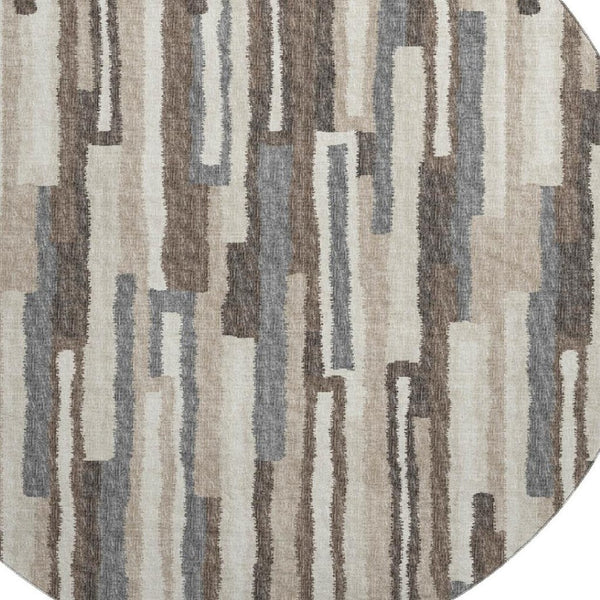 HomeRoots 8' Elegant Brown, Ivory & Gray Abstract Washable Round Rug - Stain Resistant with UV Protection 644129