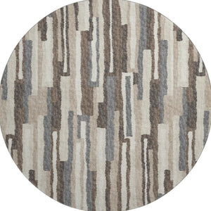 HomeRoots 8' Elegant Brown, Ivory & Gray Abstract Washable Round Rug - Stain Resistant with UV Protection 644129