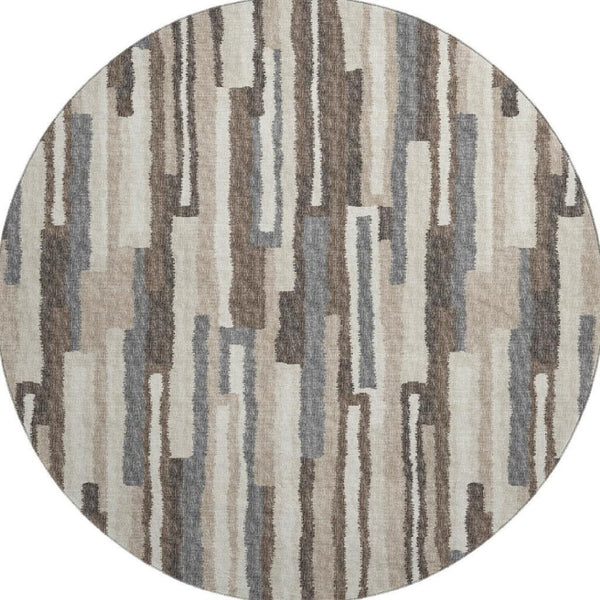 HomeRoots 8' Elegant Brown, Ivory & Gray Abstract Washable Round Rug - Stain Resistant with UV Protection 644129