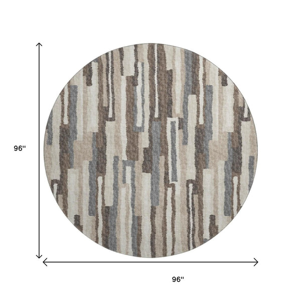 HomeRoots 8' Elegant Brown, Ivory & Gray Abstract Washable Round Rug - Stain Resistant with UV Protection 644129