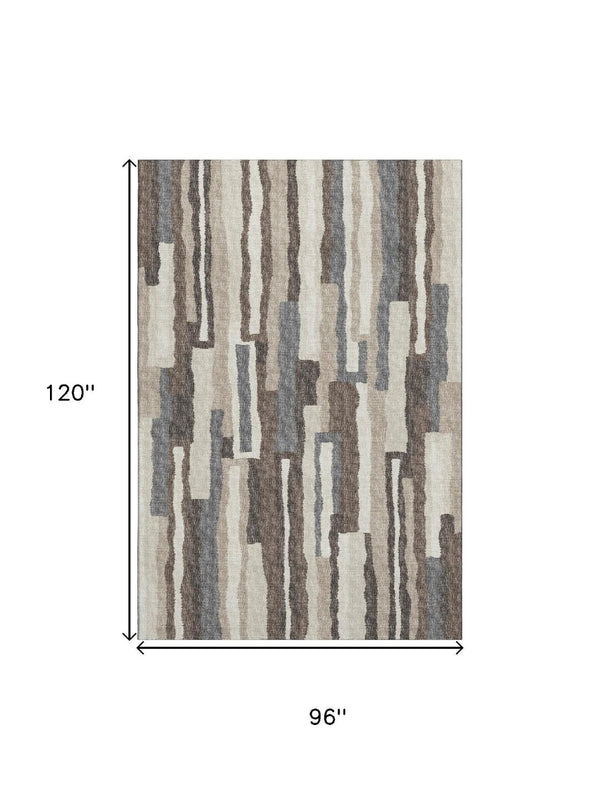 HomeRoots 8' X 10' Stylish Brown Ivory Gray Abstract Washable Area Rug with UV Protection for Modern Homes 644130