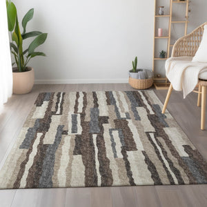 HomeRoots 8' X 10' Stylish Brown Ivory Gray Abstract Washable Area Rug with UV Protection for Modern Homes 644130