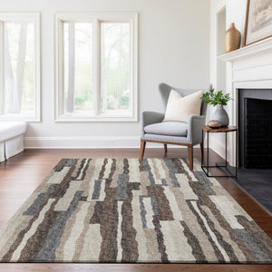 HomeRoots 8' X 10' Stylish Brown Ivory Gray Abstract Washable Area Rug with UV Protection for Modern Homes 644130