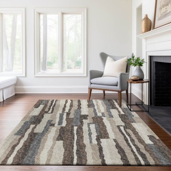 HomeRoots 8' X 10' Stylish Brown Ivory Gray Abstract Washable Area Rug with UV Protection for Modern Homes 644130