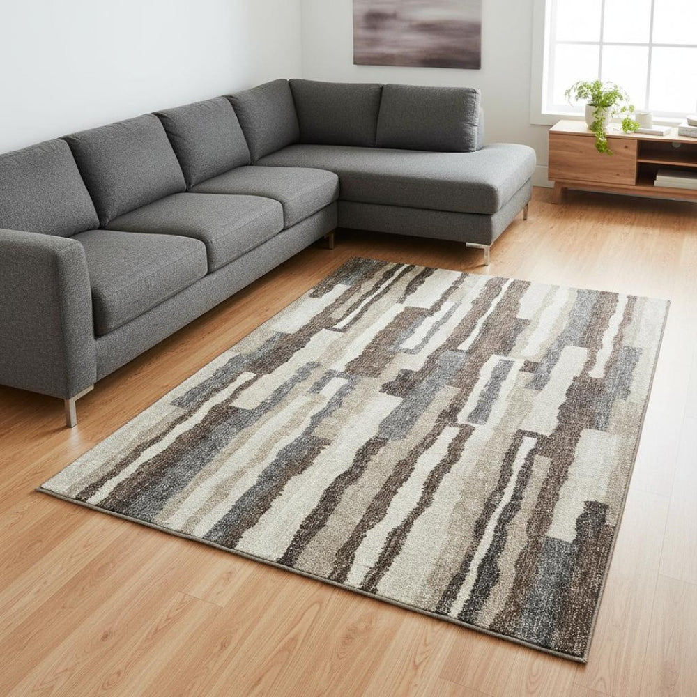 HomeRoots 8' X 10' Stylish Brown Ivory Gray Abstract Washable Area Rug with UV Protection for Modern Homes 644130