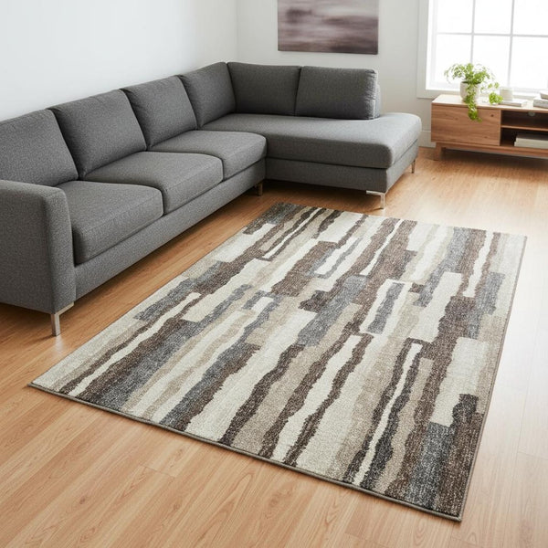 HomeRoots 8' X 10' Stylish Brown Ivory Gray Abstract Washable Area Rug with UV Protection for Modern Homes 644130
