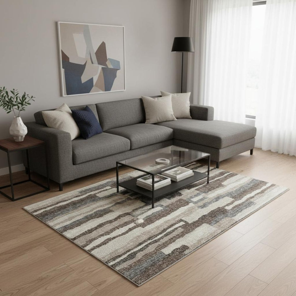 HomeRoots 9' X 12' Stylish Brown, Ivory & Gray Abstract Washable Area Rug with UV Protection for High Traffic Areas 644131