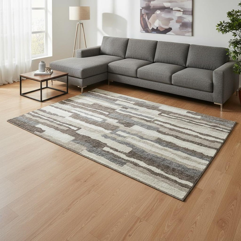 HomeRoots 10' X 14' Abstract Washable Area Rug in Brown, Ivory & Gray - UV Protected, Stain Resistant Comfort 644132