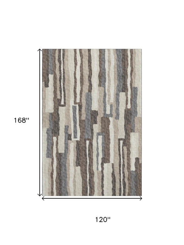 HomeRoots 10' X 14' Abstract Washable Area Rug in Brown, Ivory & Gray - UV Protected, Stain Resistant Comfort 644132