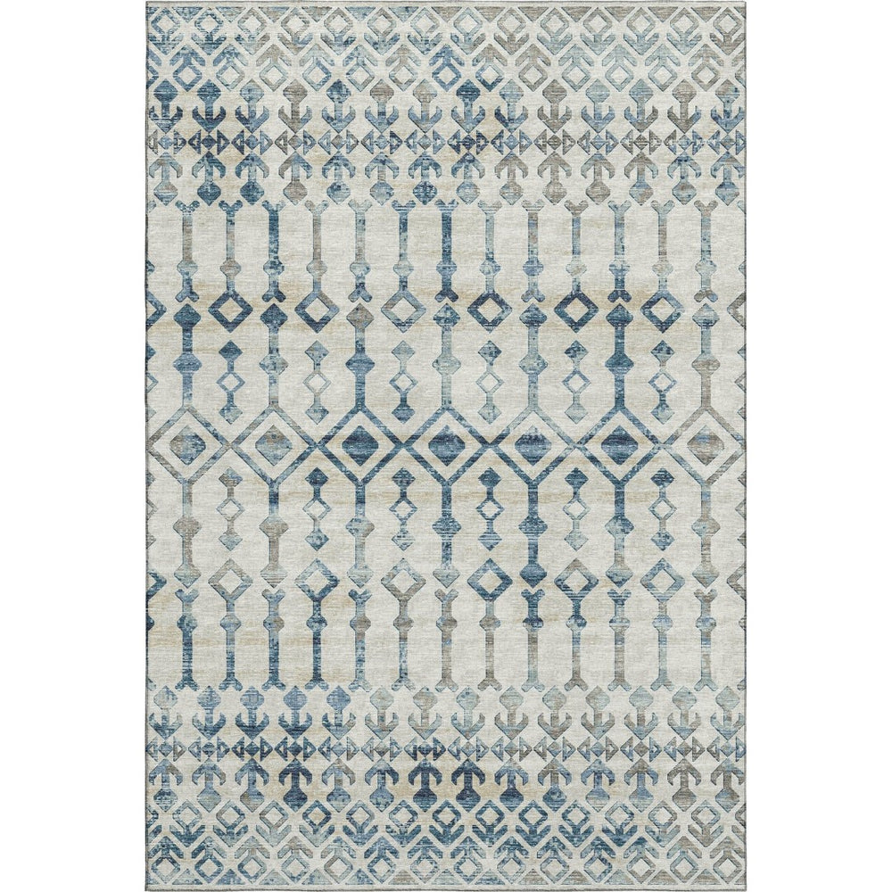 HomeRoots 5' X 8' Ivory and Blue Tribal Washable Area Rug - Durable, Stain-Resistant, UV Protected Design 644140