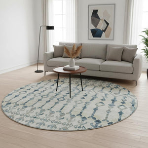 HomeRoots 8' Ivory and Blue Tribal Round Rug - Washable, UV Protected, Durable, Ideal for Busy Homes & Spaces 644141