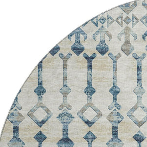 HomeRoots 8' Ivory and Blue Tribal Round Rug - Washable, UV Protected, Durable, Ideal for Busy Homes & Spaces 644141