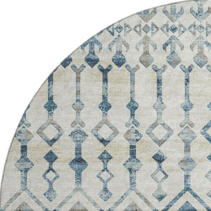 HomeRoots 8' Ivory and Blue Tribal Round Rug - Washable, UV Protected, Durable, Ideal for Busy Homes & Spaces 644141