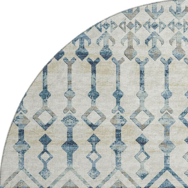 HomeRoots 8' Ivory and Blue Tribal Round Rug - Washable, UV Protected, Durable, Ideal for Busy Homes & Spaces 644141
