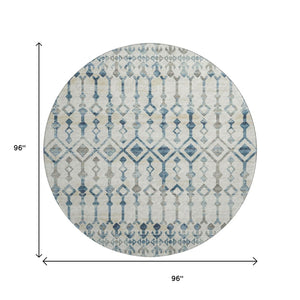 HomeRoots 8' Ivory and Blue Tribal Round Rug - Washable, UV Protected, Durable, Ideal for Busy Homes & Spaces 644141