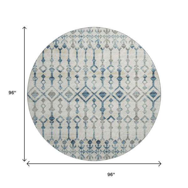 HomeRoots 8' Ivory and Blue Tribal Round Rug - Washable, UV Protected, Durable, Ideal for Busy Homes & Spaces 644141