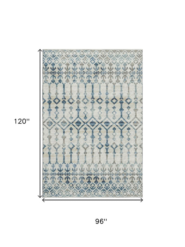 HomeRoots 8' X 10' Ivory and Blue Tribal Area Rug - Washable, Stain Resistant, UV Protected for Busy Homes 644142