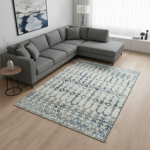 HomeRoots 8' X 10' Ivory and Blue Tribal Area Rug - Washable, Stain Resistant, UV Protected for Busy Homes 644142
