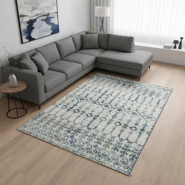 HomeRoots 8' X 10' Ivory and Blue Tribal Area Rug - Washable, Stain Resistant, UV Protected for Busy Homes 644142