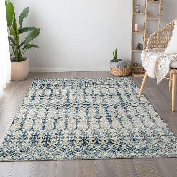 HomeRoots 9' X 12' Ivory and Blue Tribal Area Rug - Durable, Washable, UV-Protected for High-Traffic Spaces 644143