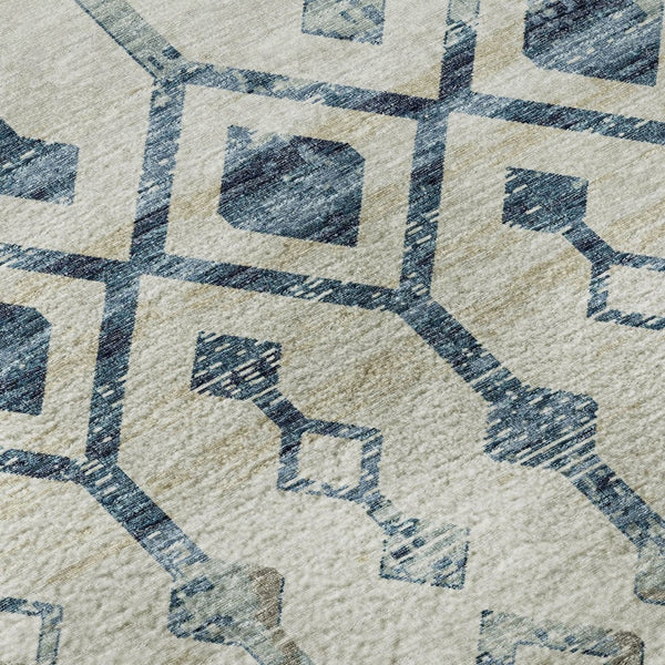 HomeRoots 9' X 12' Ivory and Blue Tribal Area Rug - Durable, Washable, UV-Protected for High-Traffic Spaces 644143