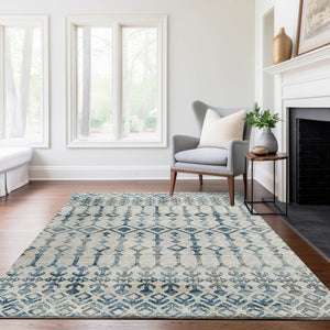 HomeRoots 9' X 12' Ivory and Blue Tribal Area Rug - Durable, Washable, UV-Protected for High-Traffic Spaces 644143