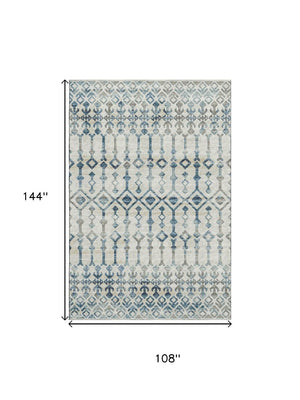 HomeRoots 9' X 12' Ivory and Blue Tribal Area Rug - Durable, Washable, UV-Protected for High-Traffic Spaces 644143