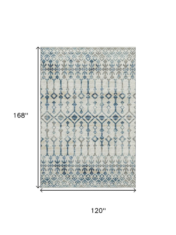 HomeRoots 10' X 14' Ivory and Blue Tribal Area Rug – Washable, Stain Resistant, UV Protected for Busy Homes 644144