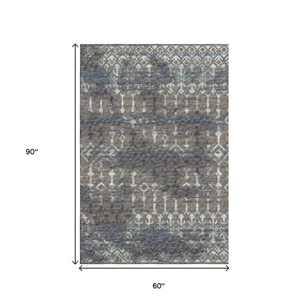 HomeRoots 5' X 8' Stylish Burnished Brown & Blue Tribal Area Rug - Machine Washable, UV Protected, Durable Design 644146