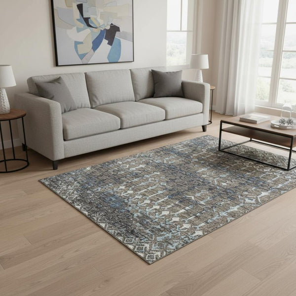 HomeRoots 5' X 8' Stylish Burnished Brown & Blue Tribal Area Rug - Machine Washable, UV Protected, Durable Design 644146