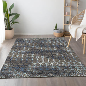 HomeRoots 5' X 8' Stylish Burnished Brown & Blue Tribal Area Rug - Machine Washable, UV Protected, Durable Design 644146