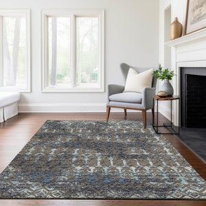 HomeRoots 5' X 8' Stylish Burnished Brown & Blue Tribal Area Rug - Machine Washable, UV Protected, Durable Design 644146