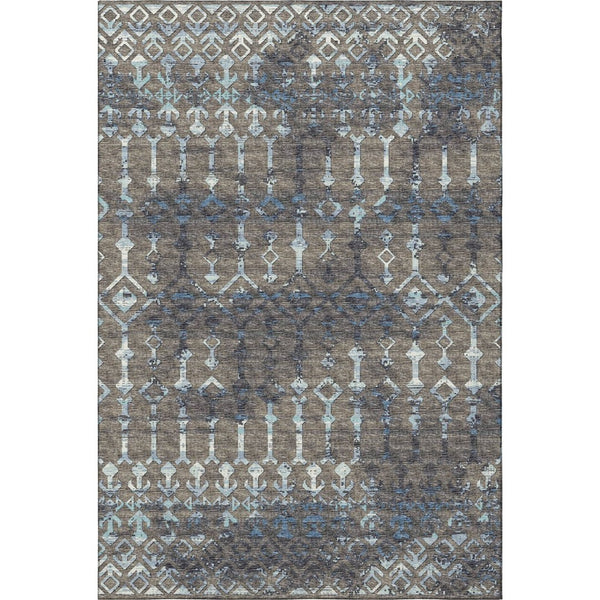 HomeRoots 5' X 8' Stylish Burnished Brown & Blue Tribal Area Rug - Machine Washable, UV Protected, Durable Design 644146