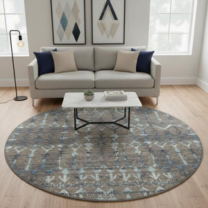 HomeRoots 8' Burnished Brown & Blue Tribal Round Rug - Washable, UV-Protected, Ideal for High-Traffic Areas 644147
