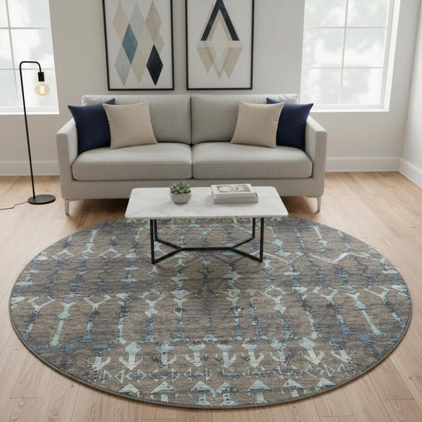 HomeRoots 8' Burnished Brown & Blue Tribal Round Rug - Washable, UV-Protected, Ideal for High-Traffic Areas 644147
