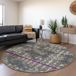 HomeRoots 8' Burnished Brown & Blue Tribal Round Rug - Washable, UV-Protected, Ideal for High-Traffic Areas 644147