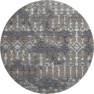 HomeRoots 8' Burnished Brown & Blue Tribal Round Rug - Washable, UV-Protected, Ideal for High-Traffic Areas 644147