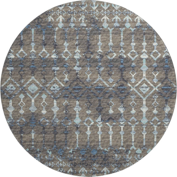 HomeRoots 8' Burnished Brown & Blue Tribal Round Rug - Washable, UV-Protected, Ideal for High-Traffic Areas 644147