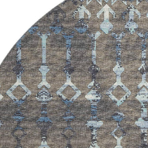 HomeRoots 8' Burnished Brown & Blue Tribal Round Rug - Washable, UV-Protected, Ideal for High-Traffic Areas 644147