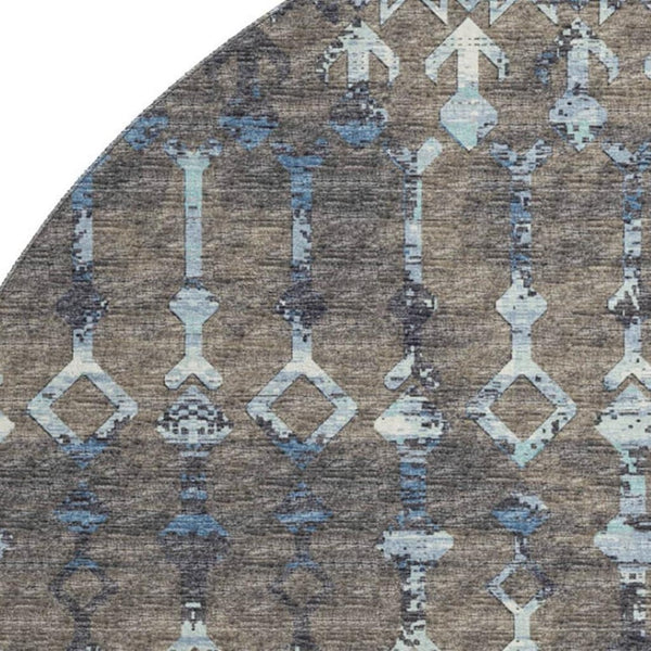 HomeRoots 8' Burnished Brown & Blue Tribal Round Rug - Washable, UV-Protected, Ideal for High-Traffic Areas 644147