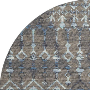 HomeRoots 8' Burnished Brown & Blue Tribal Round Rug - Washable, UV-Protected, Ideal for High-Traffic Areas 644147